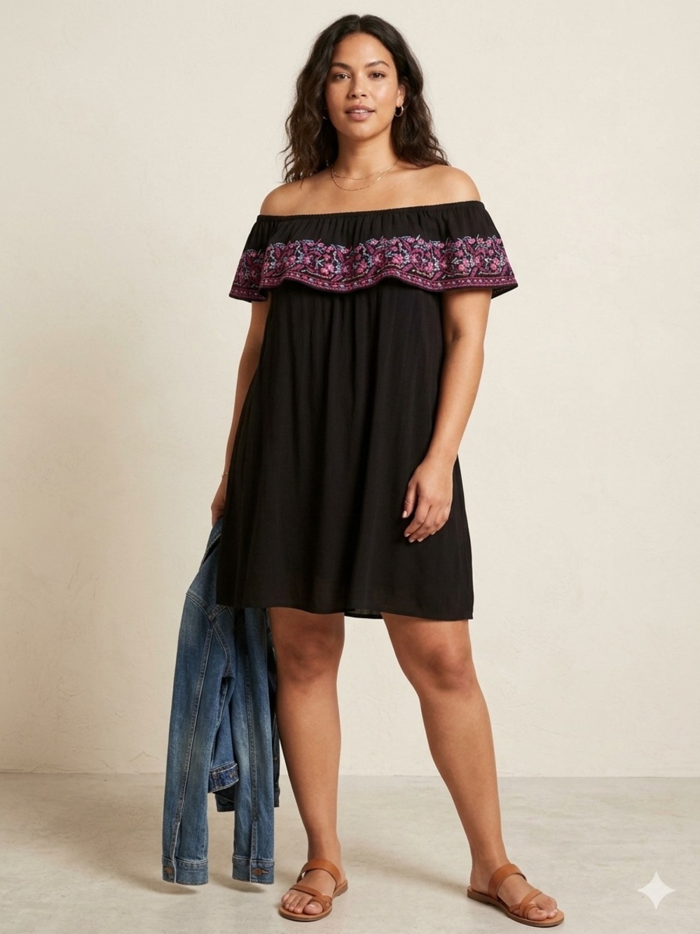 Arizona Jean Company Black Off-Shoulder Dress with Pink Embroidered Ruffle